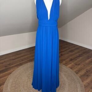 Lulus Cobalt Blue Pleated Maxi Dress Size L Deep V Formal Wedding Guest